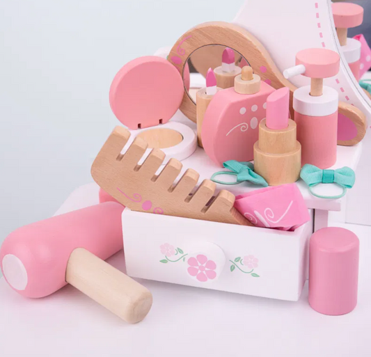 Children's toy makeup set with pink and wooden elements on a light background WOODEN PLAY VANITY KIT | BIGJIGS