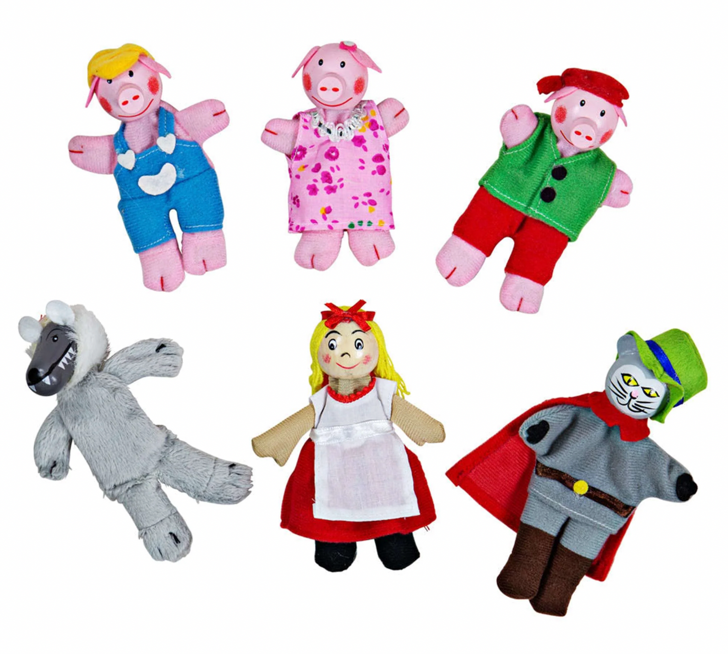 Set of colorful finger puppets including a wolf, three pigs, and a witch. WOODEN RED RIDING HOOD FINGER PUPPETS | BIGJIGS