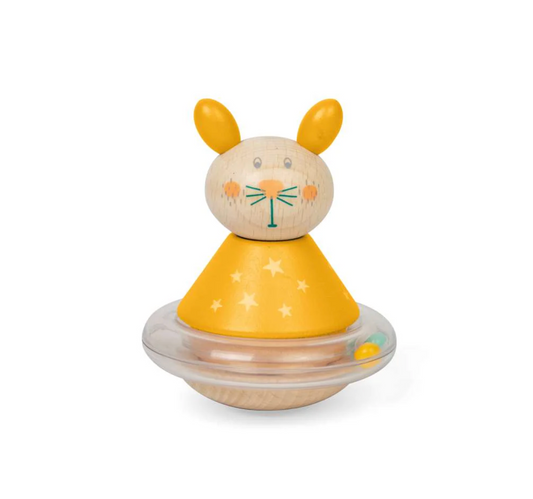 Toy figure of a mouse with a yellow body and beige head on a white background WOODEN ROLY POLY RABBIT | BIGJIGS
