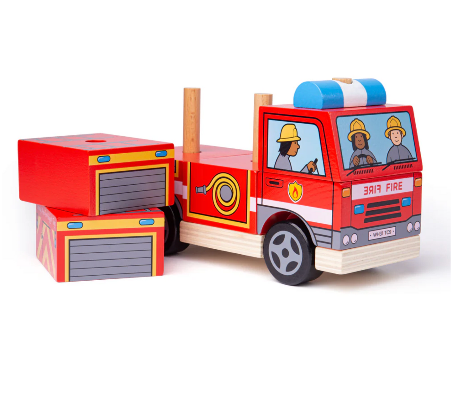 Wooden toy fire truck with two figures inside, resembling firefighters, on a white background. WOODEN STACKING FIRE ENGINE | BIGJIGS