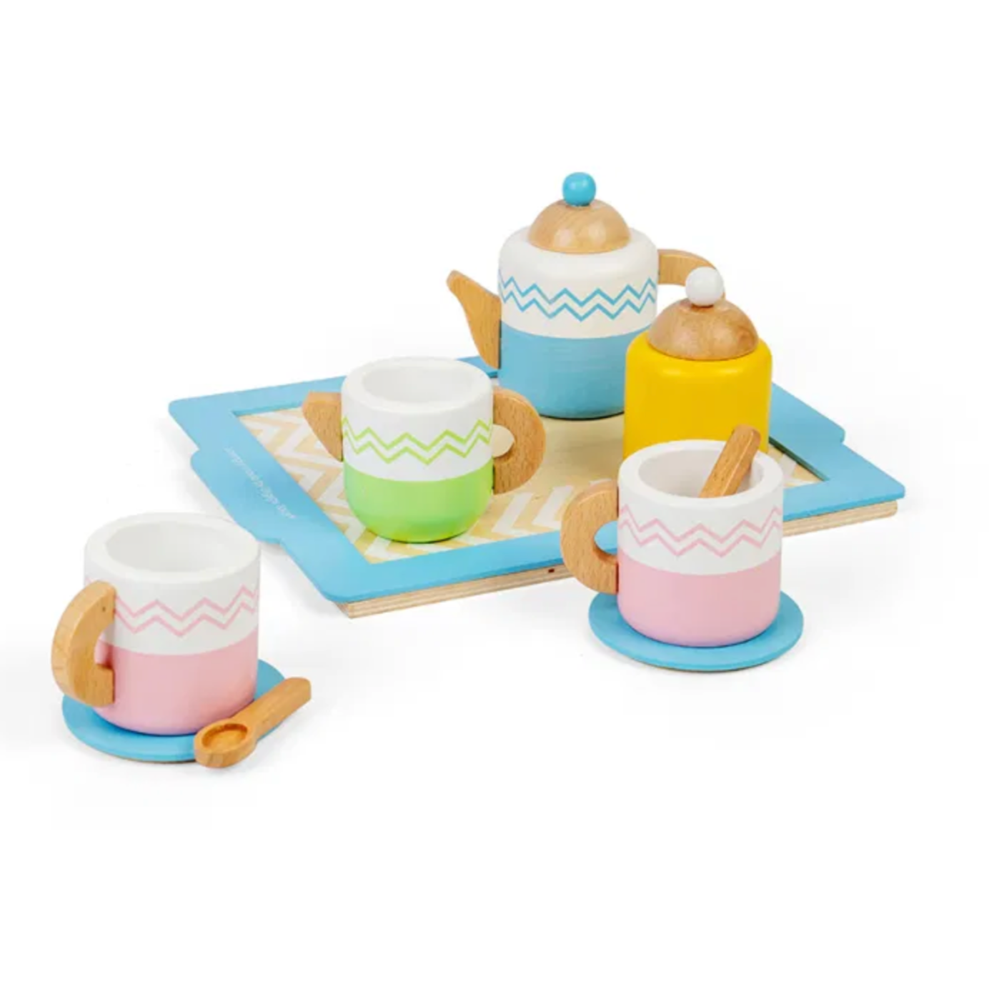A wooden tea tray set including a teapot, two cups and saucers, two teaspoons, a milk jug, sugar pot, and a tea tray, all in pastel colors. WOODEN TEA TRAY SET | BIGJIGS