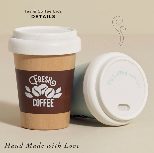 Brown paper cup with white lid featuring 'Fresh Coffee' text on a beige background. WOODEN TOY TEA & COFFEE RE-USABLE ECO CUP | LE TOY VAN