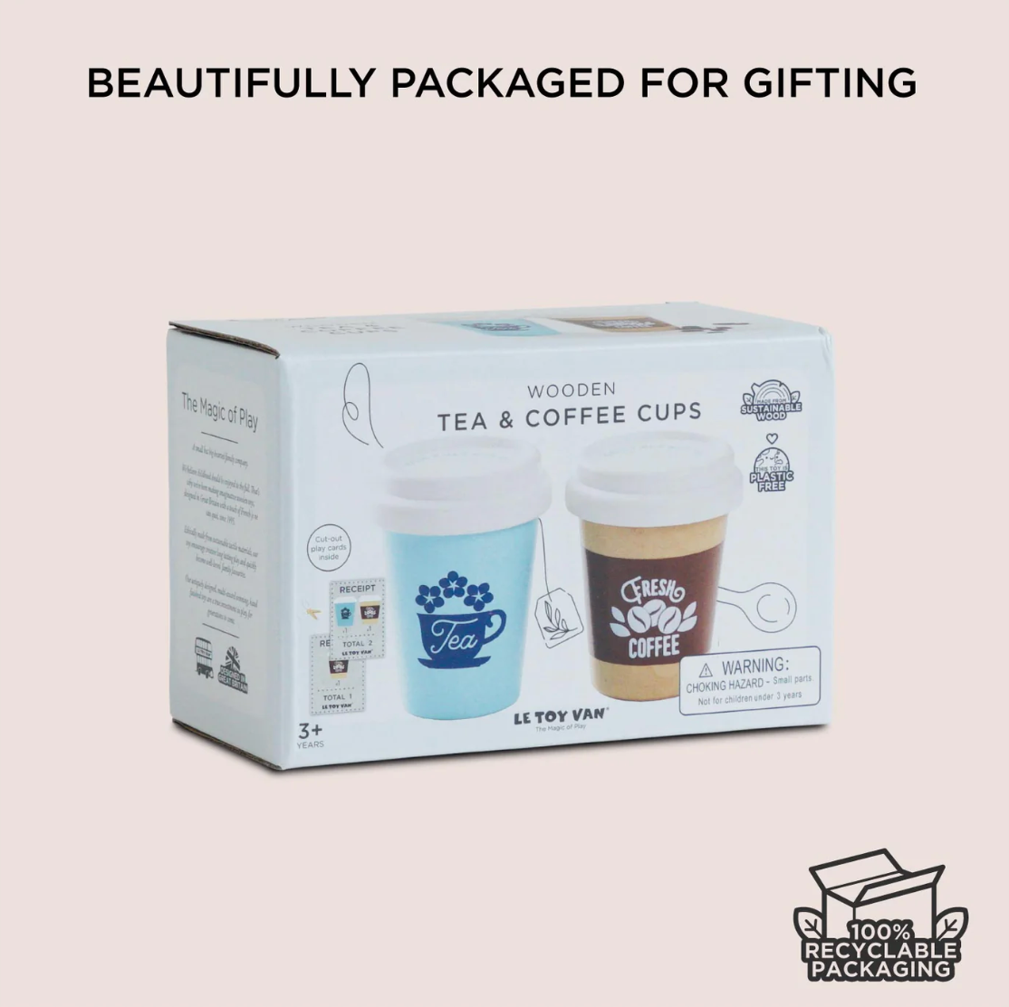Box of wooden tea and coffee cups with packaging design and branding on a beige background. WOODEN TOY TEA & COFFEE RE-USABLE ECO CUP | LE TOY VAN
