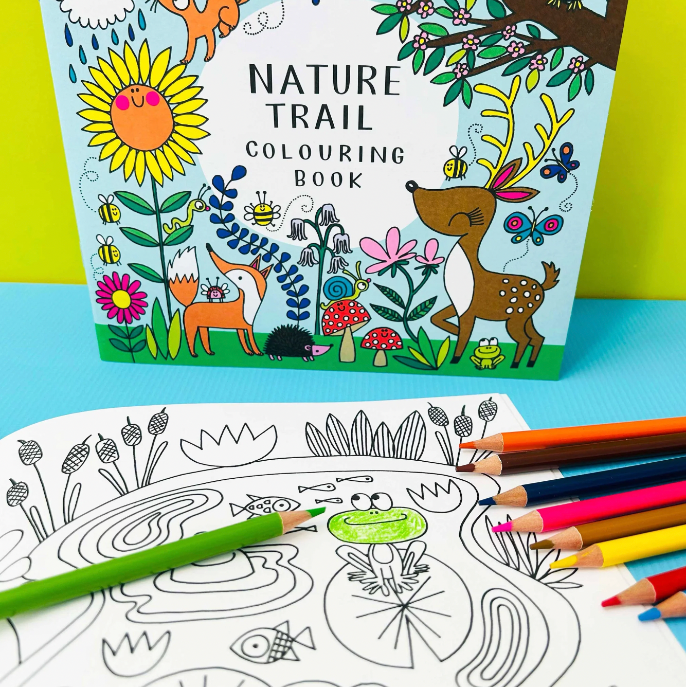 Nature Trail coloring book with coloring page and colored pencils. Rachel Ellen Nature Trail Colouring Book | Annabel's of Cranbrook