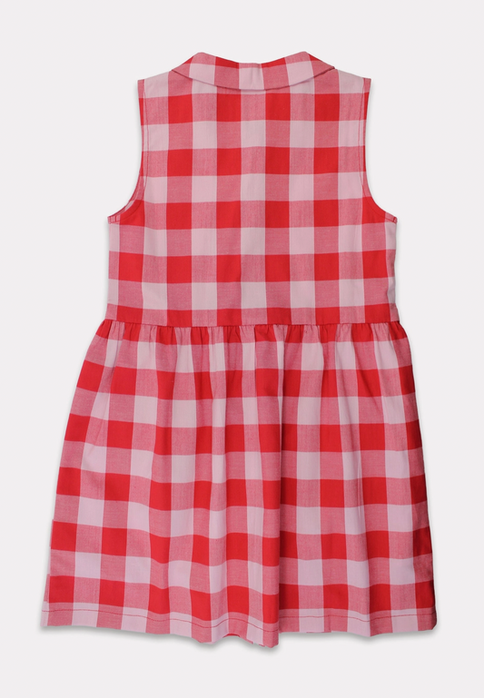 Back view of the Toby Tiger organic red gingham dress showing the full-length button closure detail.
