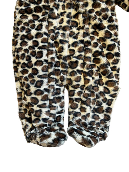 Nursery Time leopard print baby snowsuit — close-up of the lower half showing the fluffy faux fur legs and integrated feet
