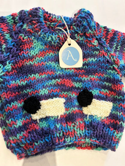 PURPLE & GREEN COLOUR JUMBLE JUMPER WITH SHEEP- 6-9 MONTHS