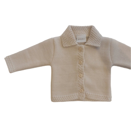 TAUPE KNITTED BABY CARDIGAN WITH COLLAR - 100% ACRYLIC, 0–12 MONTHS