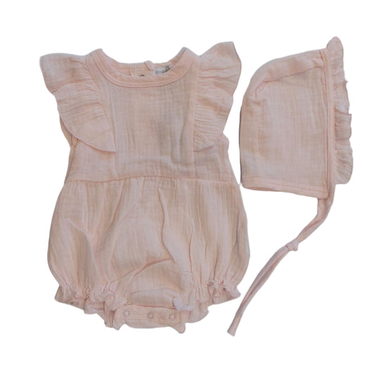 PINK FRILL COTTON ROMPER & BONNET SET - VINTAGE-INSPIRED BABY OUTFIT