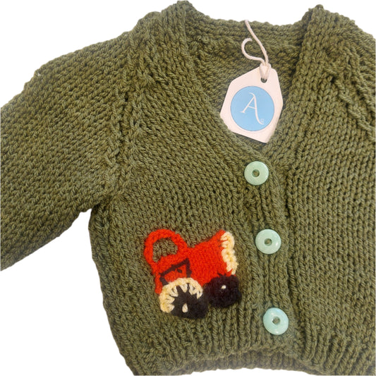 TRACTOR CARDIGAN - OLIVE GREEN 1-2 YEARS