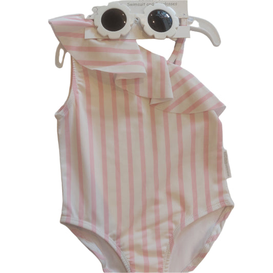 PINK RUFFLE SWIMSUIT WITH SUNGLASSES SET - 2-PIECE TODDLER SWIMWEAR 12-30 MONTHS