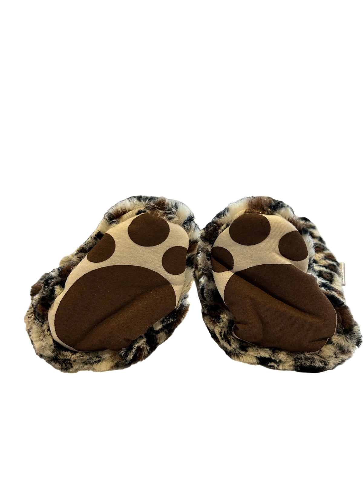 Nursery Time leopard print baby snowsuit — close-up of the integrated feet showing the brown paw print soles with toe pad detail