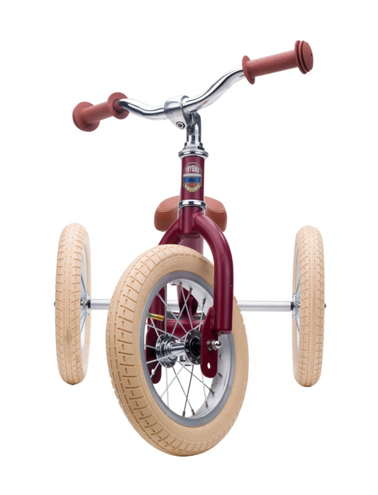 Children's tricycle with maroon frame and beige tireS. 2-IN-1 TRIKE & BALANCE BIKE - VINTAGE RED | TRYBIKE