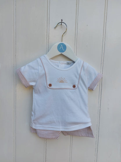 SUNSHINE STRIPE BABY TOP & SHORTS SET - EMBROIDERED TOP & TAUPE STRIPE SHORTS 0-6 MONTHS