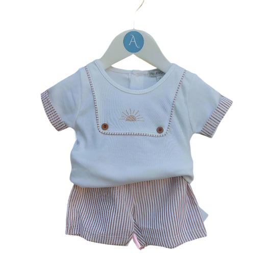 SUNSHINE STRIPE BABY TOP & SHORTS SET - EMBROIDERED TOP & TAUPE STRIPE SHORTS 0-6 MONTHS