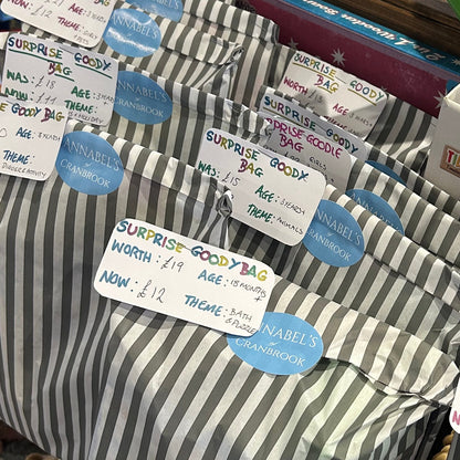 A retail display of striped mystery gift bags with handwritten price tags, alongside a pink ribbon, a green watering can, and colorful holiday decorations in a store setting.