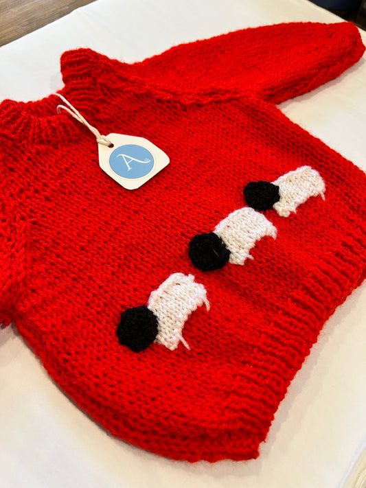 BRIGHT RED JUMPER WITH SHEEP - 9-12 MONTHS