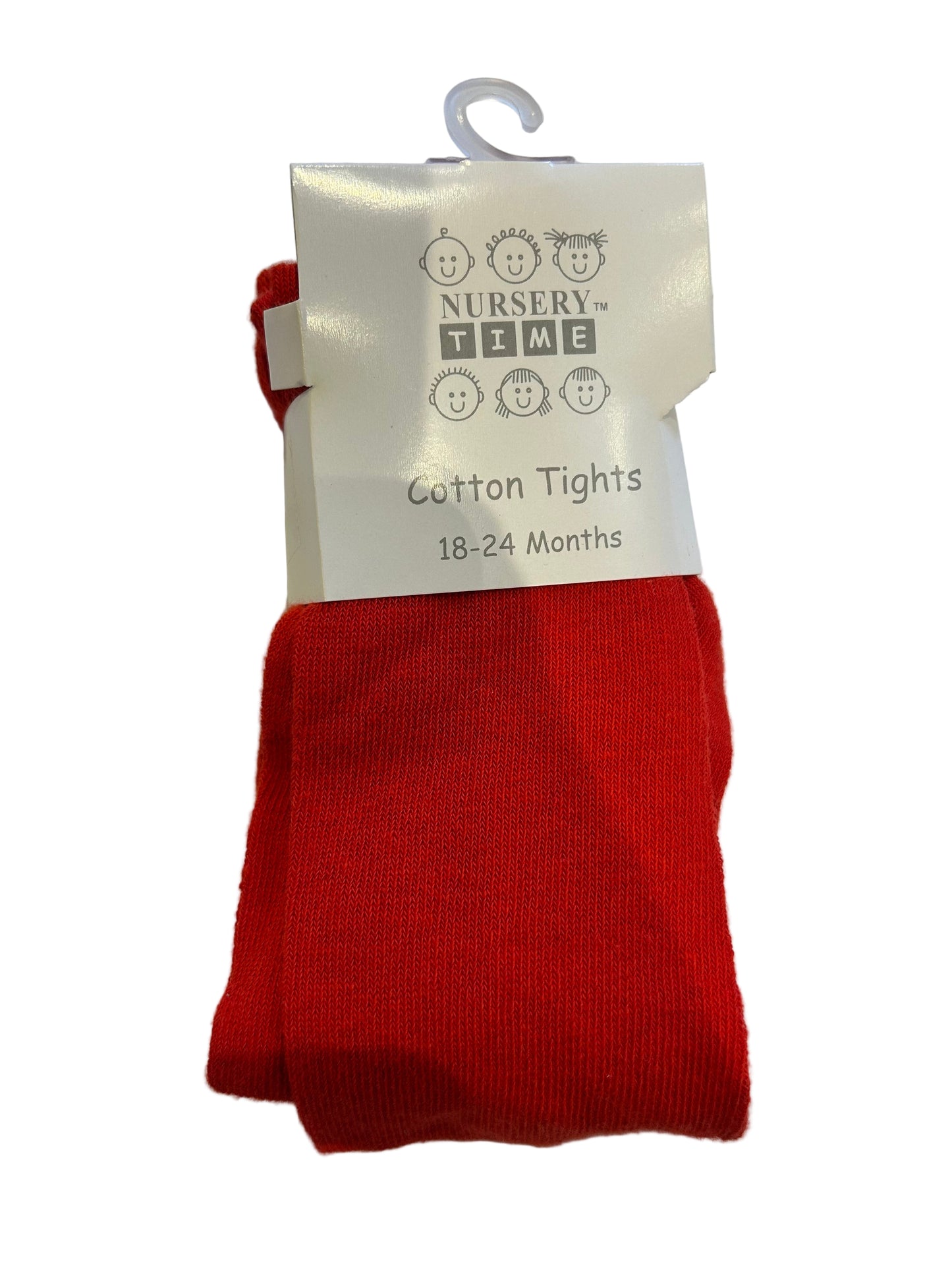 Red cotton tights with a 'Nursery Time' label on a white background
