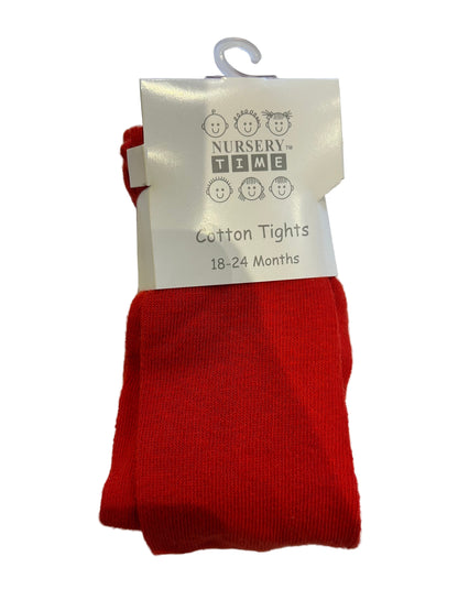 Red cotton tights with a 'Nursery Time' label on a white background