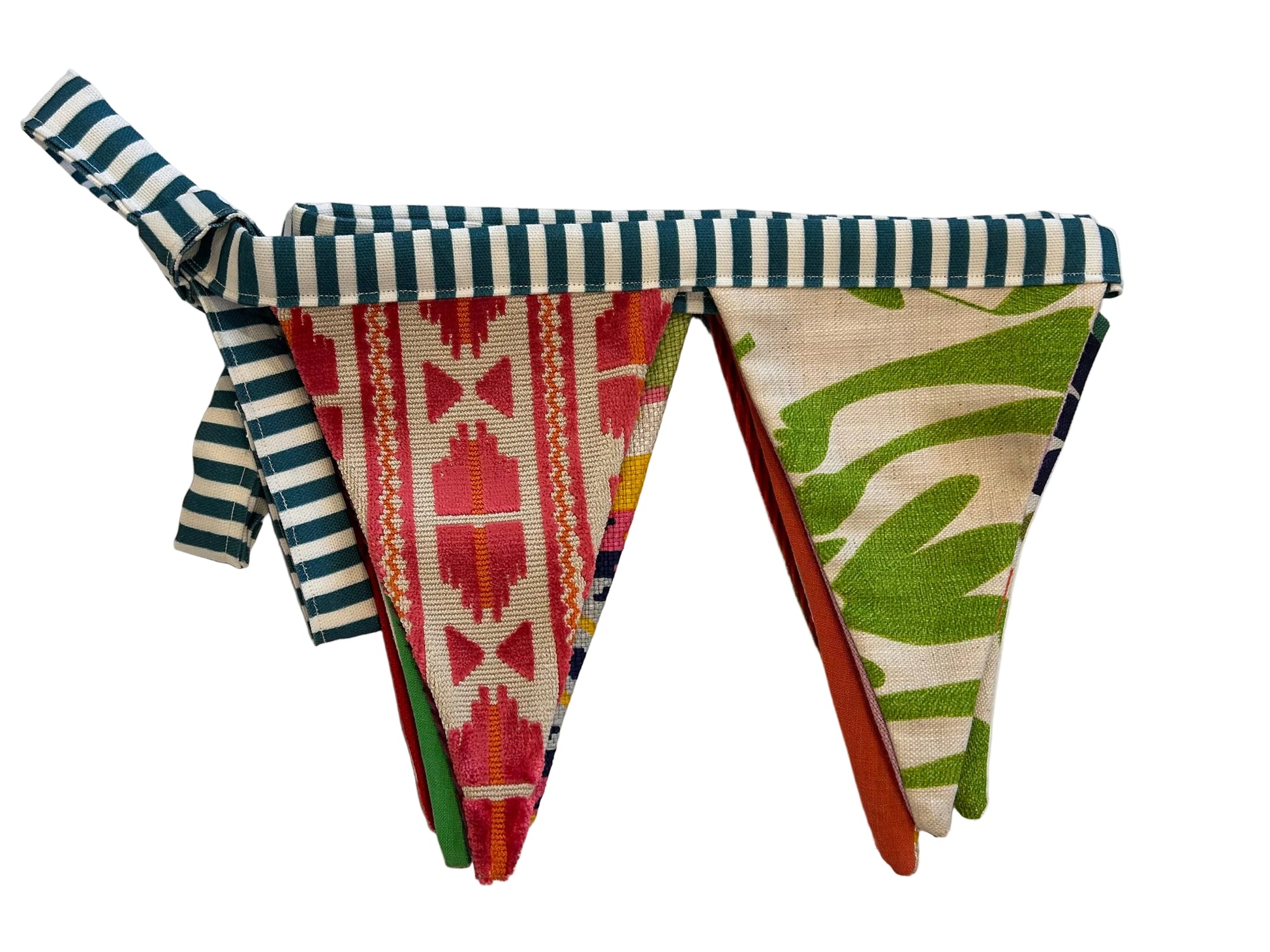 Colorful fabric pennants on a white background. bunting