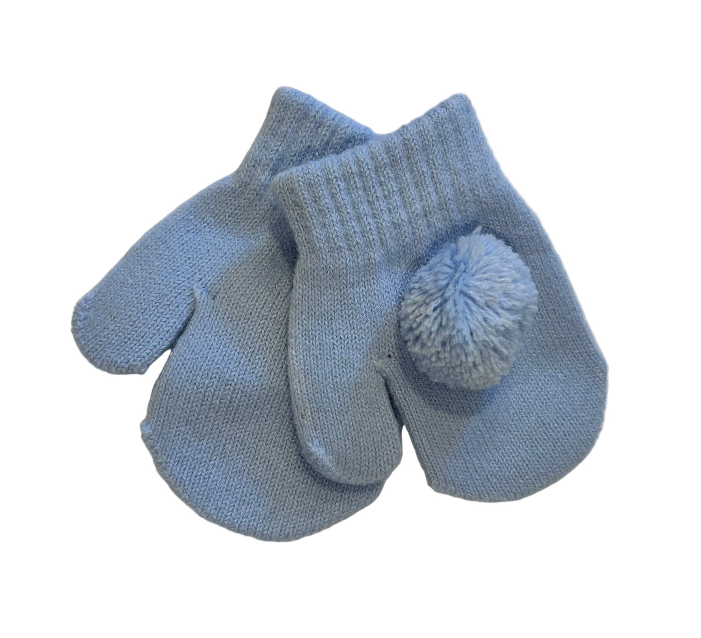 Pair of blue baby socks with a pom-pom on a white background