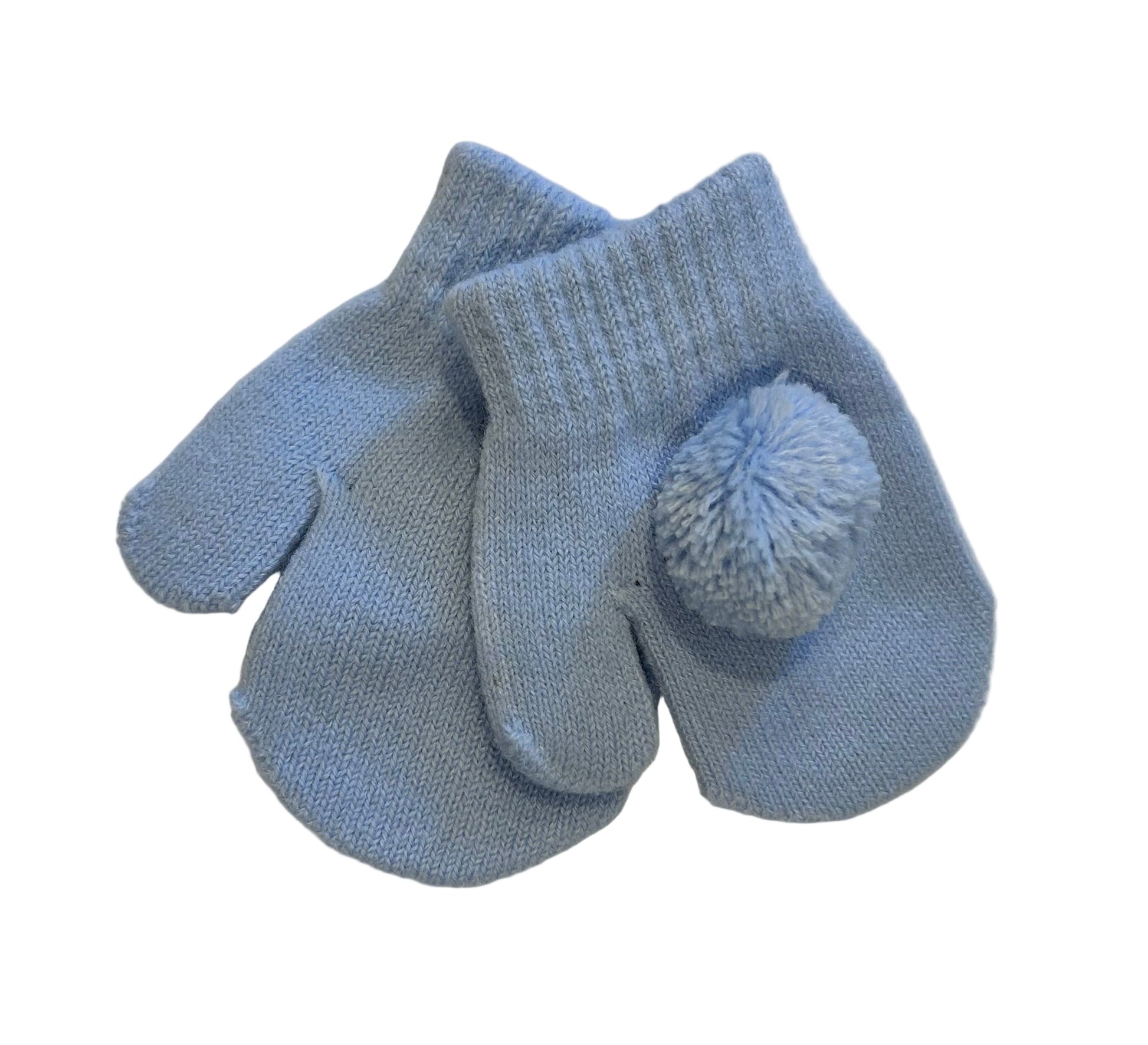 Pair of blue baby socks with a pom-pom on a white background