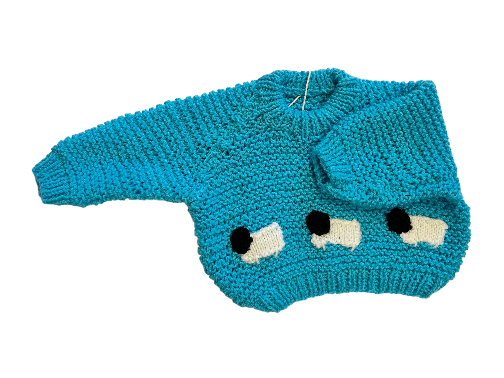 Blue knitted dog sweater with black and white accents on a white surface