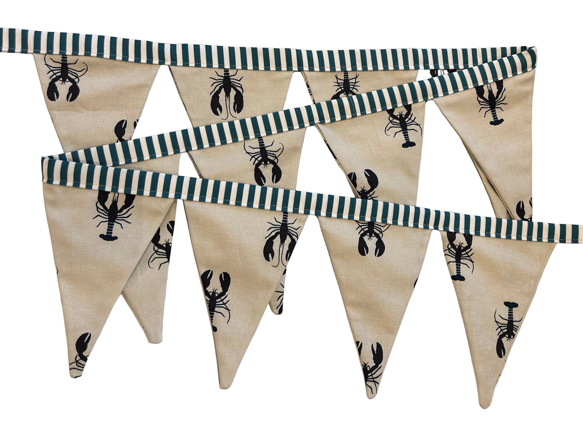 Fabric bunting with striped and black lobster pattern on a white background