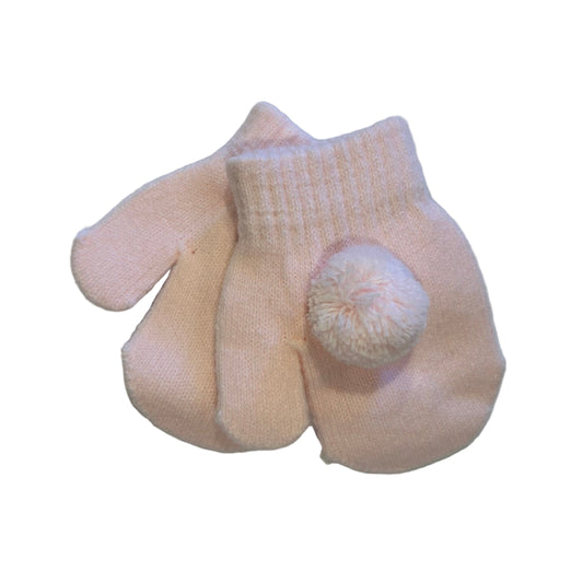 KNITTED BABY MITTENS WITH POMPOMS - BABY PINK