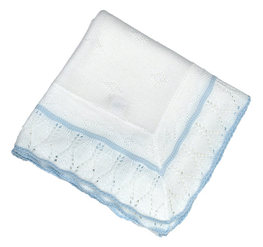FINE KNIT PATTERNED BABY SHAWL - BLUE/WHITE | DANDELION