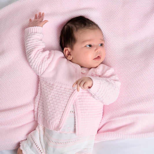 MATINEE BABY CARDIGAN - 100% SOFT ACRYLIC KNIT WITH PEARL FLOWER, 0–6 MONTHS