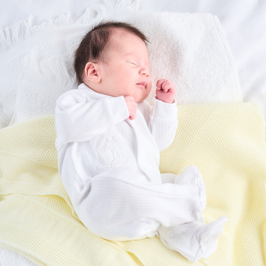 WHITE PREMATURE RABBIT & STAR SLEEPSUIT - SOFT COTTON BABY PREEMIE WEAR