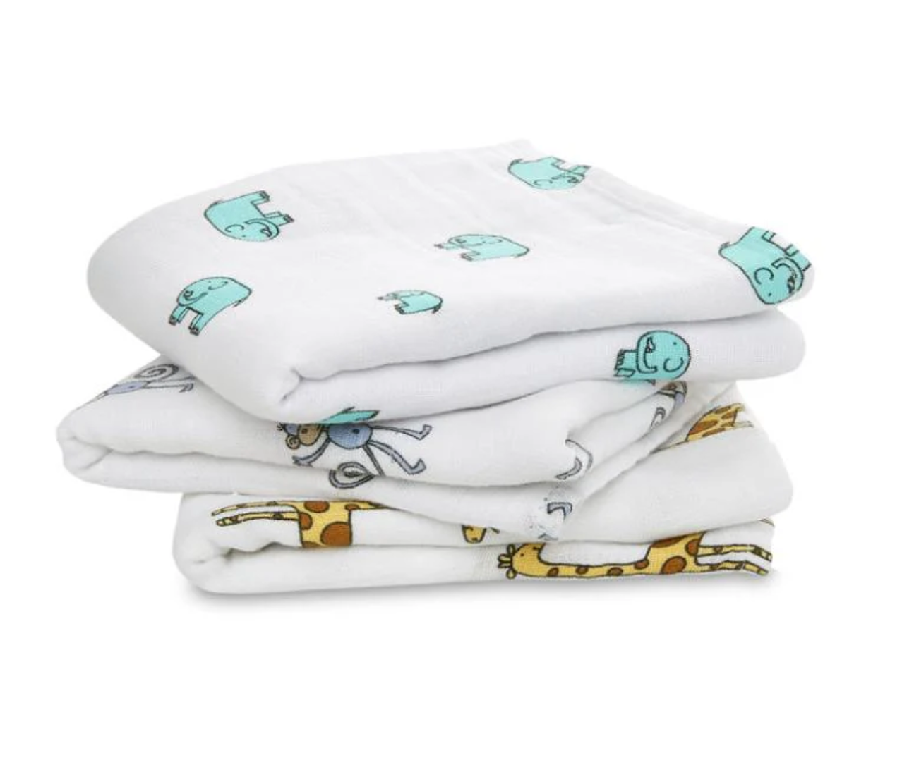 Stack of white baby blankets with animal prints on a white background. ADEN + ANAIS 3 PACK COTTON BABY MUSLIN SQUARES - JUNGLE JAM