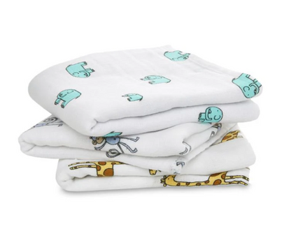 Stack of white baby blankets with animal prints on a white background. ADEN + ANAIS 3 PACK COTTON BABY MUSLIN SQUARES - JUNGLE JAM