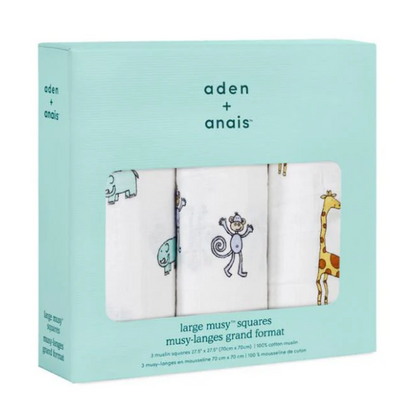 Pack of aden + anais large musy® squares with animal illustrations on a light blue box. ADEN + ANAIS 3 PACK COTTON BABY MUSLIN SQUARES - JUNGLE JAM