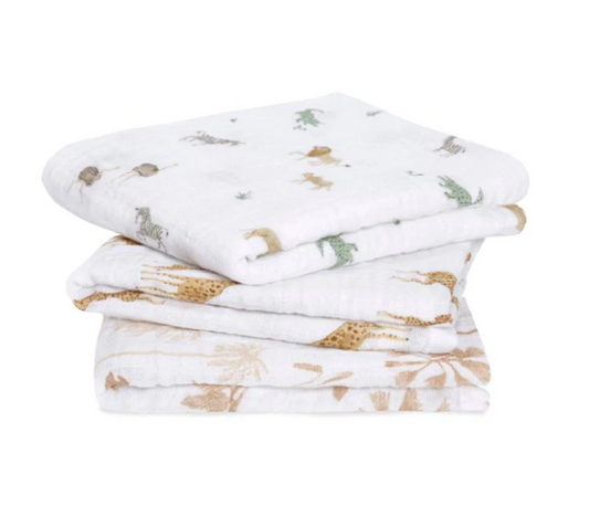 Stack of folded baby blankets with animal prints on a white background. ADEN + ANAIS 3 PACK ORGANIC COTTON BABY MUSLIN SQUARES - SAFARI DREAMS