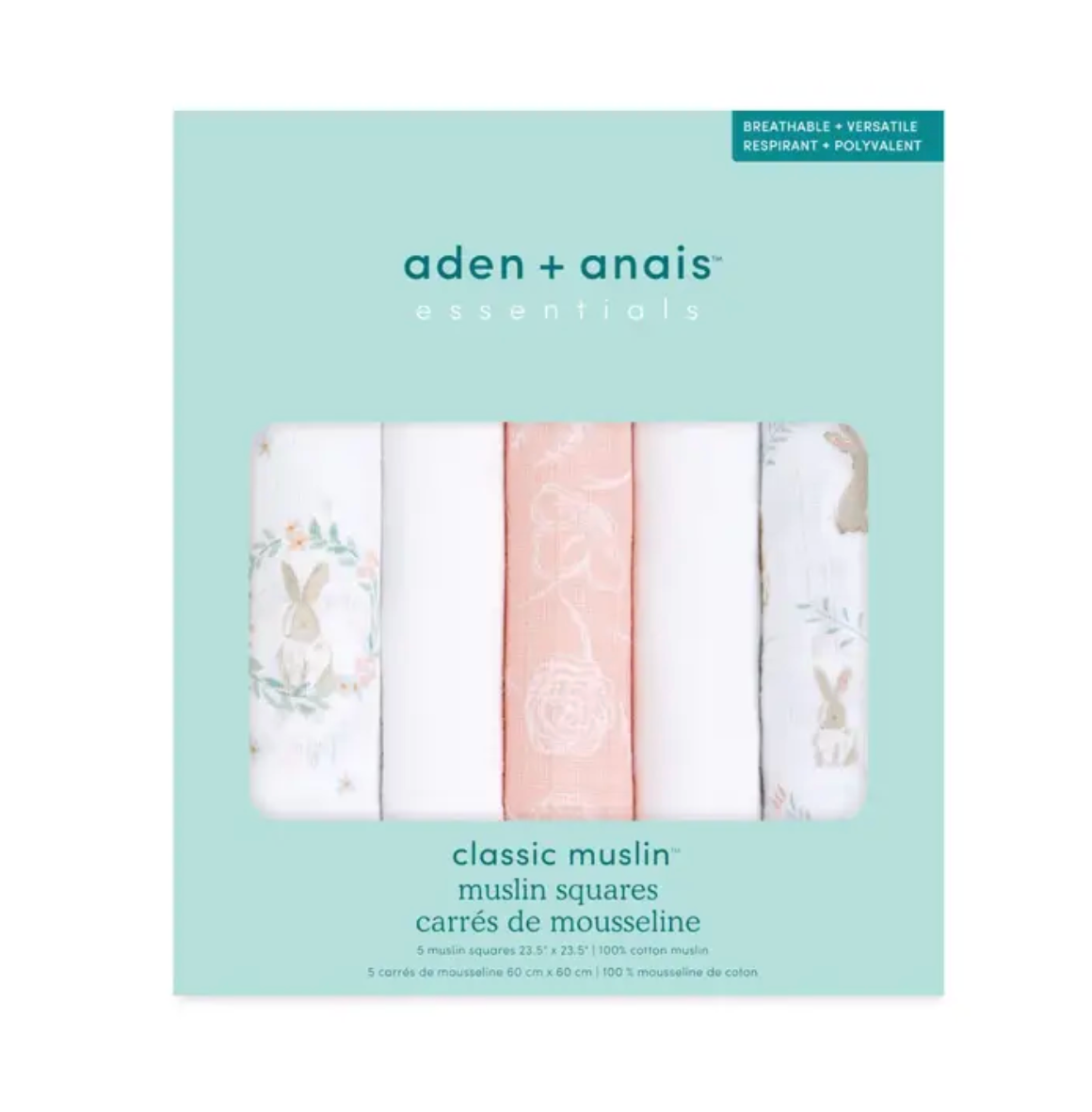 Pack of aden + anais classic muslin squares on a light blue background. ADEN + ANAIS 5 PACK BABY MUSLIN SQUARES - BLUSHING BUNNIES
