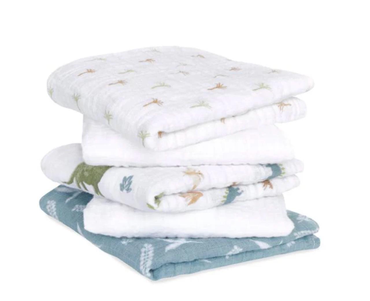 Stack of baby blankets with different patterns. ADEN + ANAIS 5 PACK BABY MUSLIN SQUARES - DINO JUNGLE