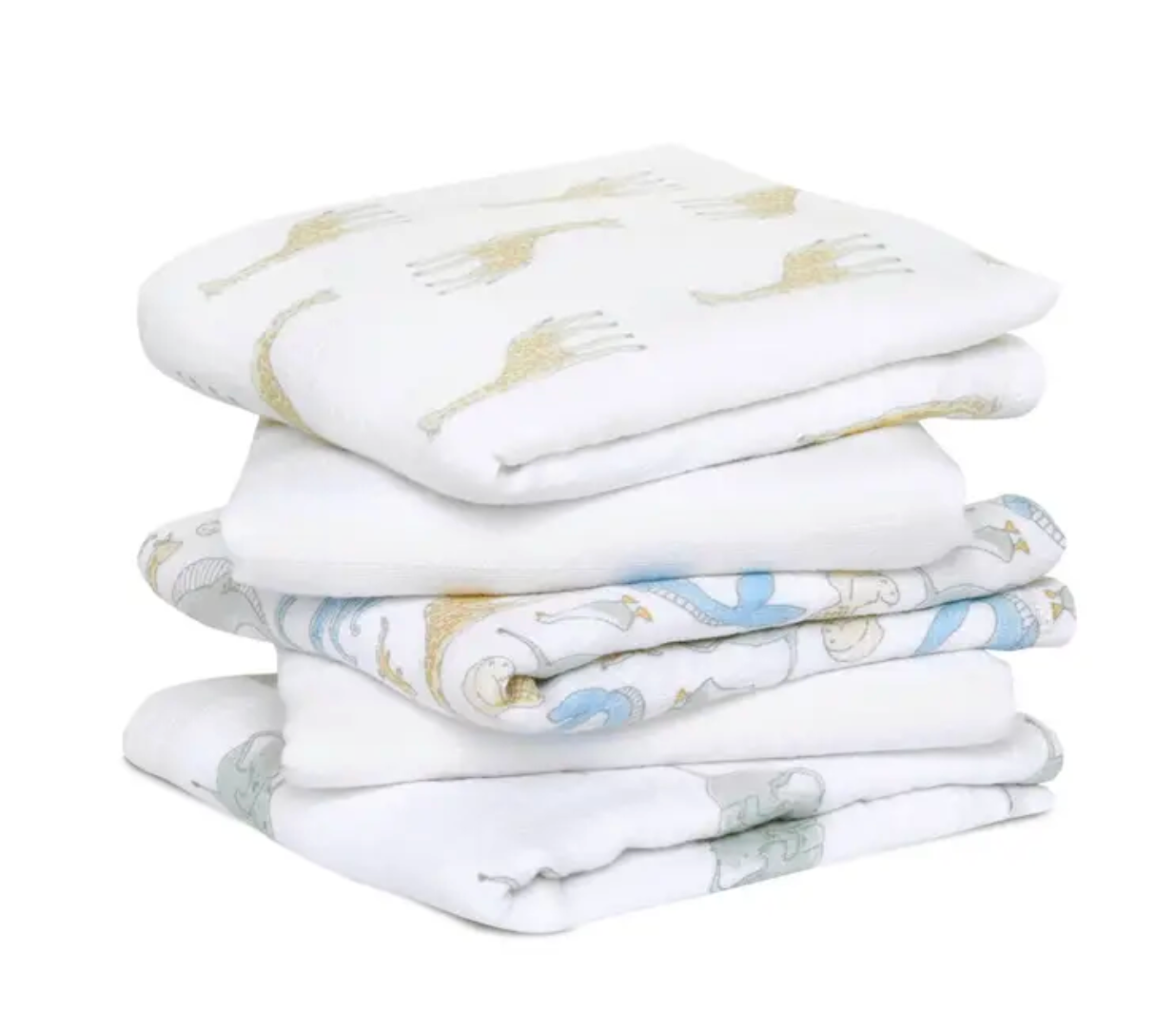 Stack of folded baby blankets with animal patterns. ADEN + ANAIS 5 PACK BABY MUSLIN SQUARES - NATURAL HISTORY