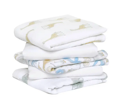 Stack of folded baby blankets with animal patterns. ADEN + ANAIS 5 PACK BABY MUSLIN SQUARES - NATURAL HISTORY