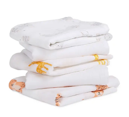 Stack of folded baby blankets with animal patterns. ADEN + ANAIS 5 PACK BABY MUSLIN SQUARES - SAFARI BABES