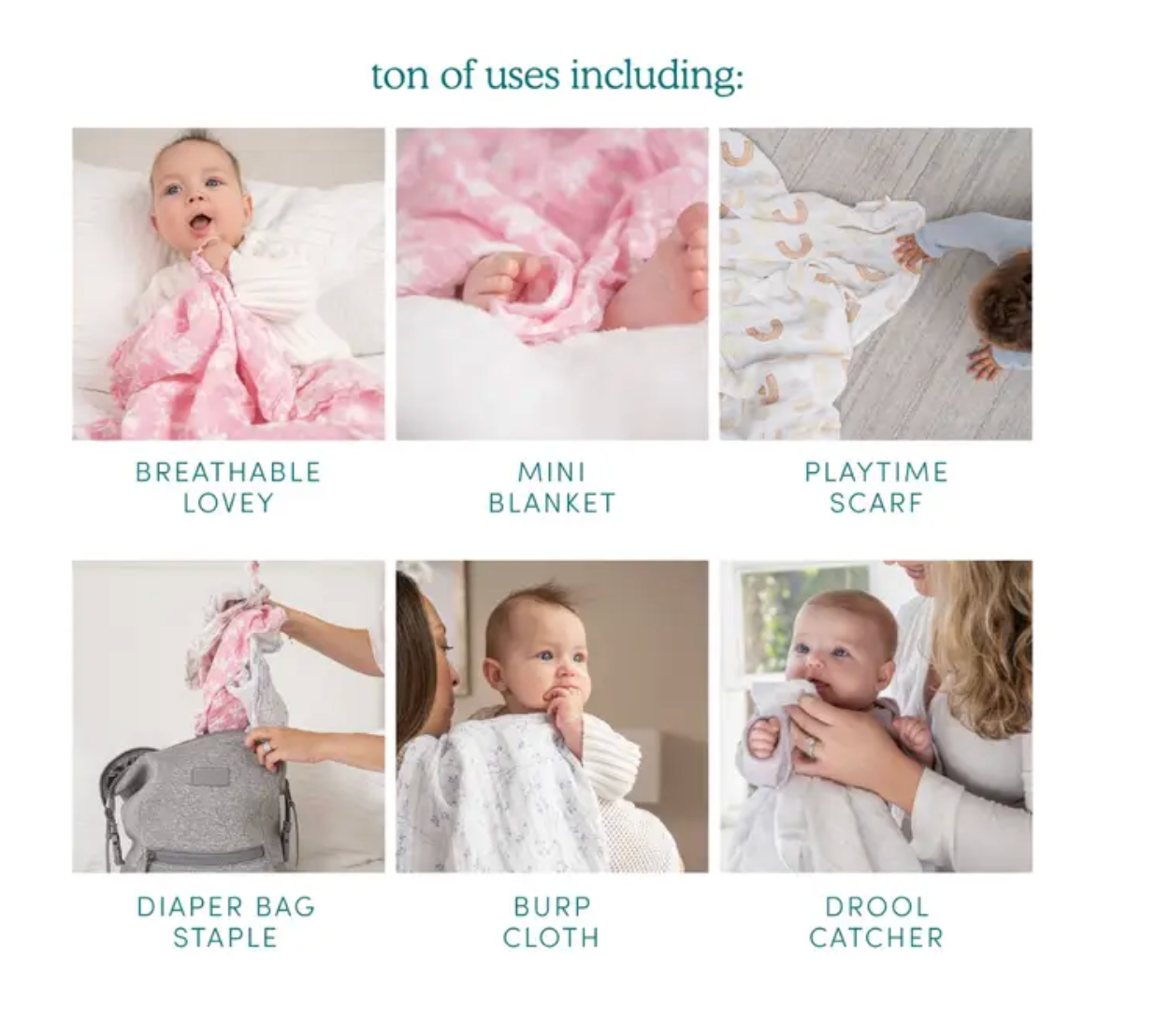 Baby products including a breathable lovie, mini blanket, playtime scarf, diaper bag staple, burp cloth, and drool catcher with text indicating their uses. ADEN + ANAIS 5 PACK BABY MUSLIN SQUARES - SAFARI BABES