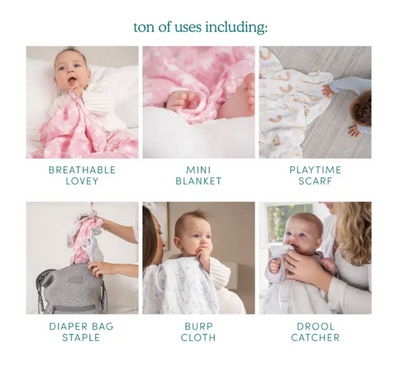 Baby products including a breathable lovie, mini blanket, playtime scarf, diaper bag staple, burp cloth, and drool catcher with text indicating their uses. ADEN + ANAIS 5 PACK BABY MUSLIN SQUARES - SAFARI BABES