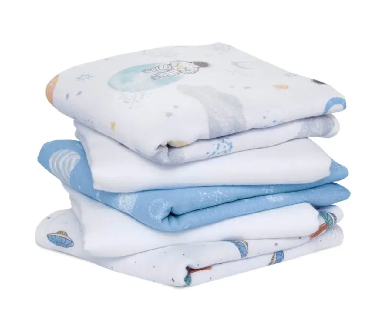Stack of folded baby blankets with blue and white patterns. ADEN + ANAIS 5 PACK BABY MUSLIN SQUARES - SPACE EXPLORERS