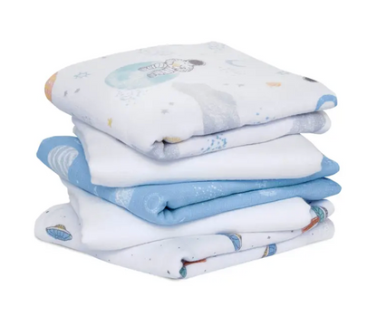 Stack of folded baby blankets with blue and white patterns. ADEN + ANAIS 5 PACK BABY MUSLIN SQUARES - SPACE EXPLORERS