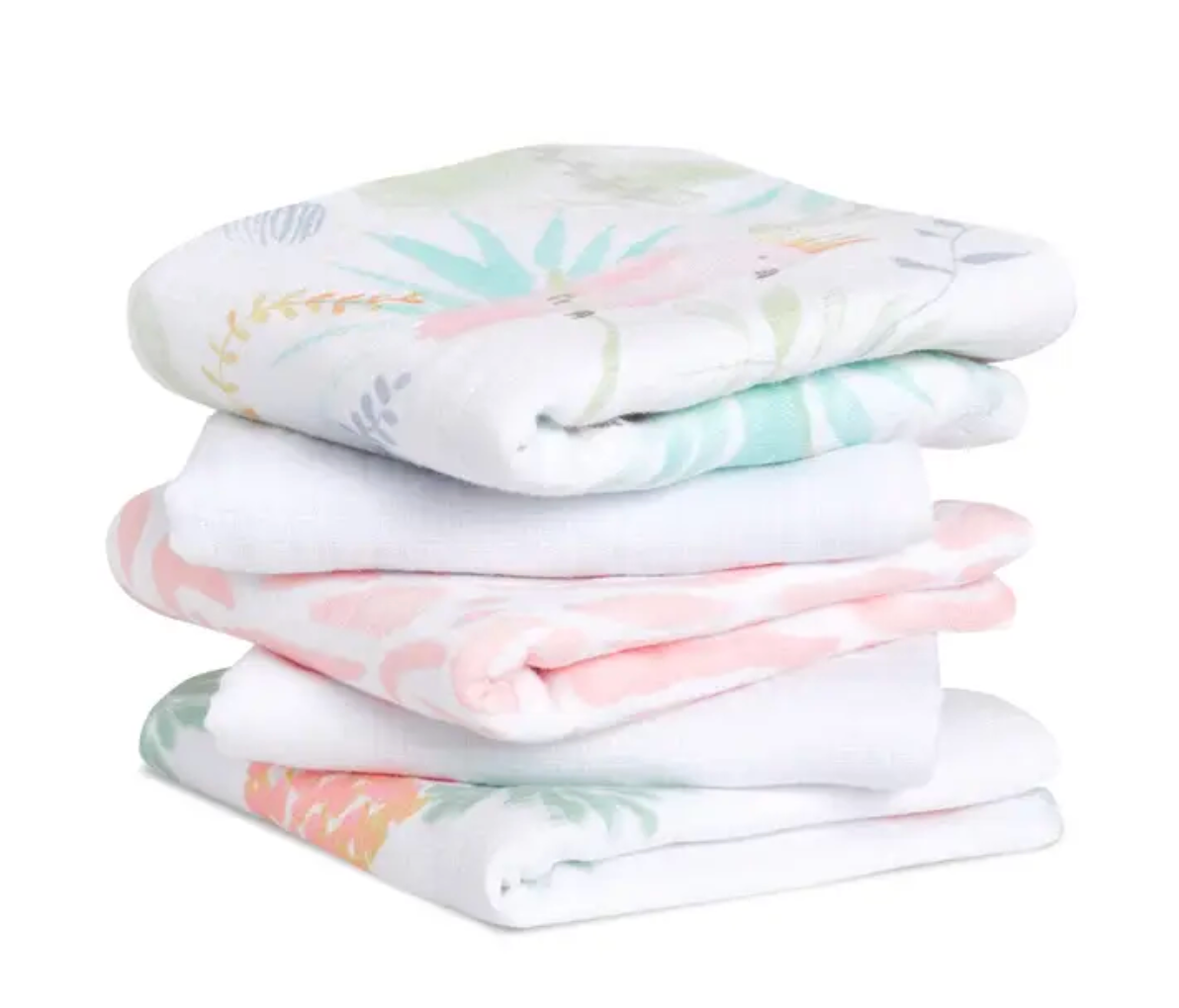 Stack of folded baby blankets with floral patterns. ADEN + ANAIS 5 PACK BABY MUSLIN SQUARES - TROPICALIA