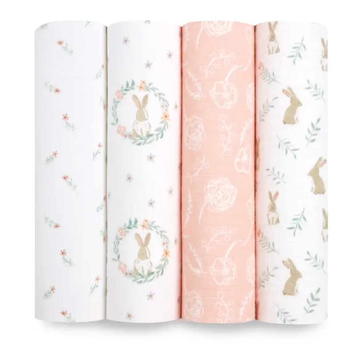 Four baby blankets with bunny and floral patterns on a white background. ADEN + ANAIS COTTON BABY SWADDLE 4 PACK - BLUSHING BUNNIES