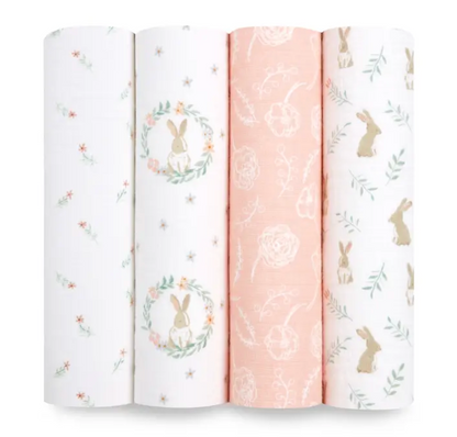 Four baby blankets with bunny and floral patterns on a white background. ADEN + ANAIS COTTON BABY SWADDLE 4 PACK - BLUSHING BUNNIES