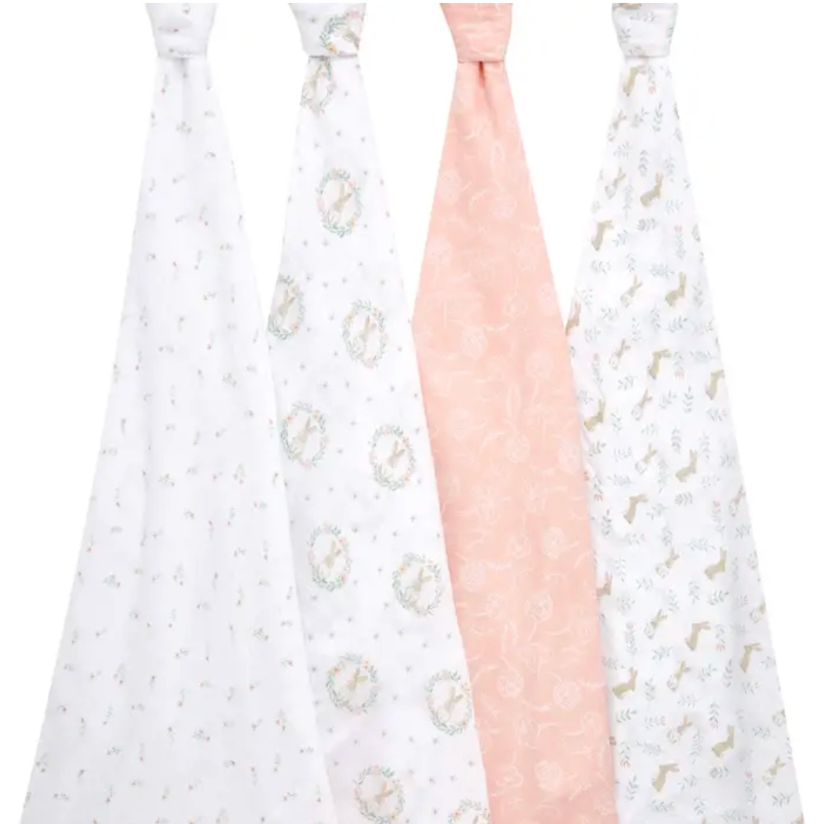 Two baby blankets with pink and white patterns. ADEN + ANAIS COTTON BABY SWADDLE 4 PACK - BLUSHING BUNNIES