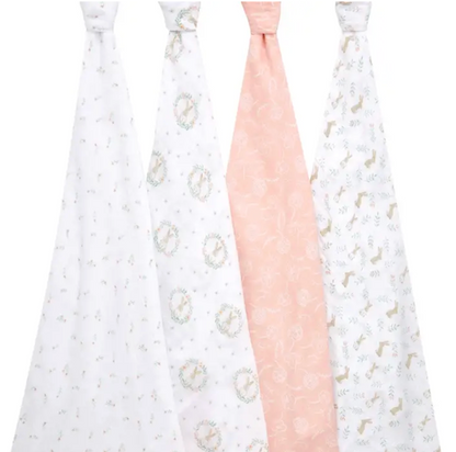 Two baby blankets with pink and white patterns. ADEN + ANAIS COTTON BABY SWADDLE 4 PACK - BLUSHING BUNNIES